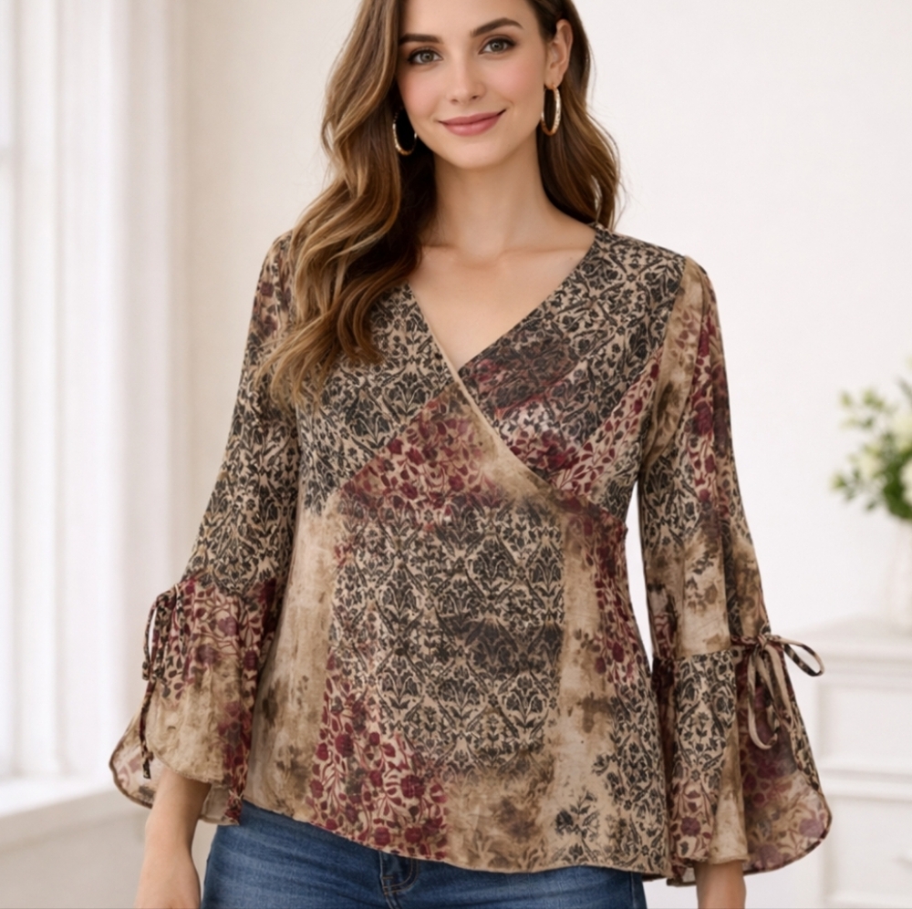 Vintage Y2k Womens Sheer Bell Sleeve Babydoll Top Fiary Grunge Patchwork Blouse